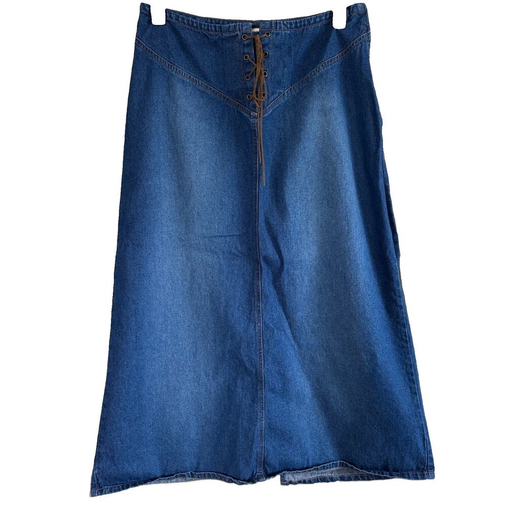 Vintage 90s Lord & Taylor Denim Maxi Skirt Women’s Size 12 Blue Cotton Lace Up